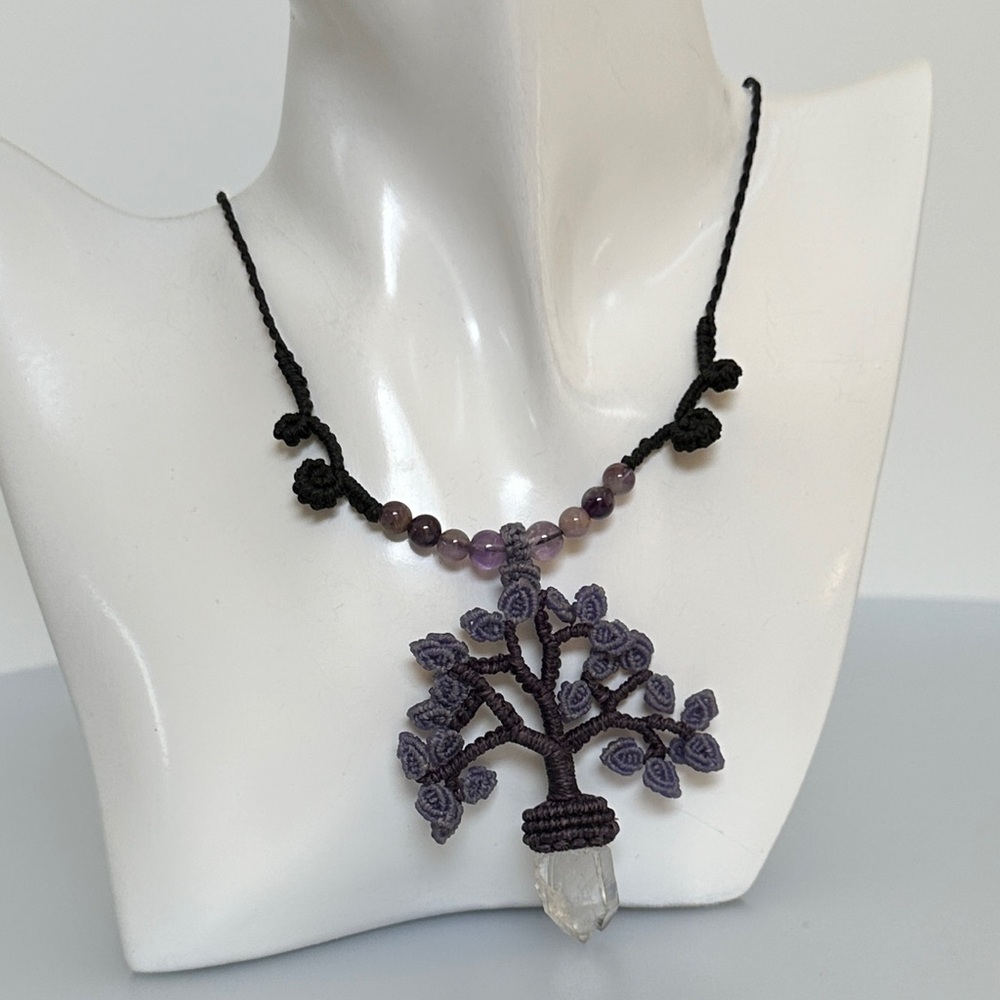 Jade white amethyst Purple art made Tree of Life Necklace made in france
